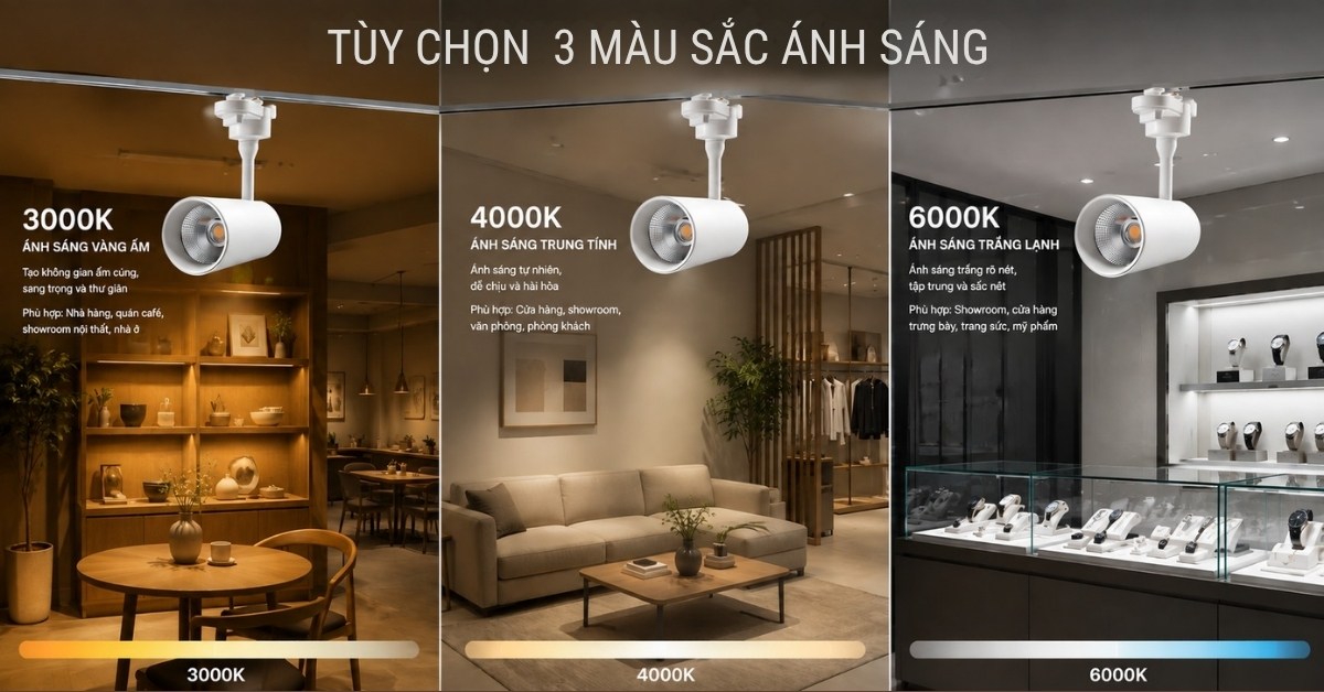 Đèn rọi ray LED với ba mức nhiệt màu 3000K 4000K 6000K cho quán cà phê phòng khách và cửa hàng trưng bày